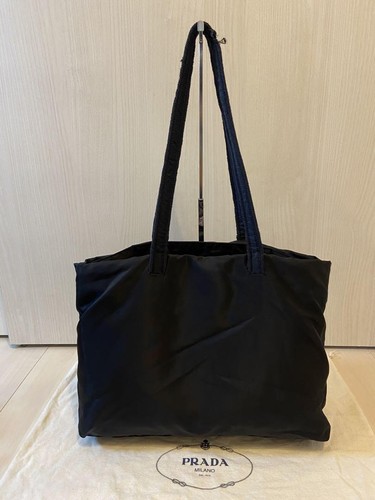 Prada Tote Bag Nylon Black Leather Fringe Logo Embroidered Shoulder - Picture 3 of 18