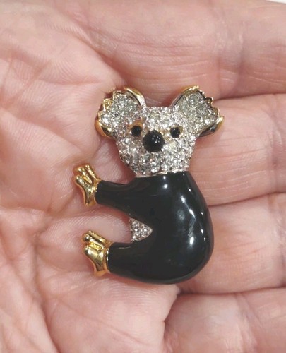 Vintage D'Orlan GT Pave Rhinestone Enamel Koala Bear Brooch Pin 1.5", F48