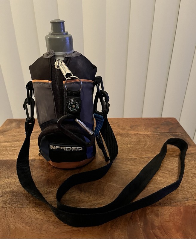 Frozn Insulated Water Bottle w/ Shoulder & Hand Strap, Compass, & Storage Pocket