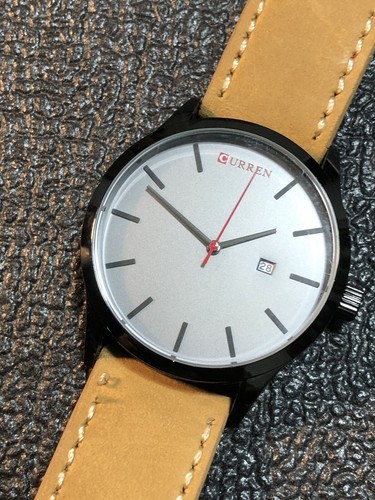 Men’s Black Quartz Watch Gray Dial W/Date Brown Leather Band 8” 45mm New Battery - Picture 13 of 19