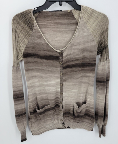 Elie Tahari Cardigan Sweater Womens Small Brown Intarsia Striped Merino Wool
