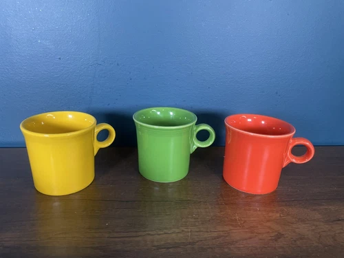Lot Of 3 Fiesta Coffee Cups Fiestaware HLC USA O-Ring Handles Yellow Green