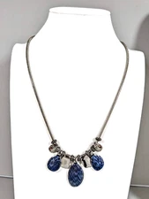 Silver Tone Blue Textured oval Slide Charm Pendant Necklace 22 inch