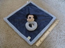 Baby Disney Mickey Mouse Rattle Lovey Security Blanket Plush Soft Toy Hard Ring