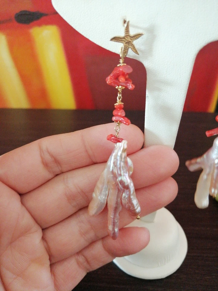 Orecchini Pendenti Donna Perle Argento 925 pietre naturali Corallo rosso - Immagine 4 di 4