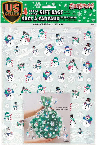 Multicolor Snowman Large Plastic Cellophane Bags - 4 Ct - Perfect for Treats,...