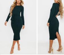 Pretylittlething NWT Emerald Green Long Sleeve Wrap Waist Midi Dress Size 0