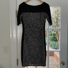 Chaps Speckled Black White Lined Bodycon Ruched Dress Size Medium Cap Sleeve