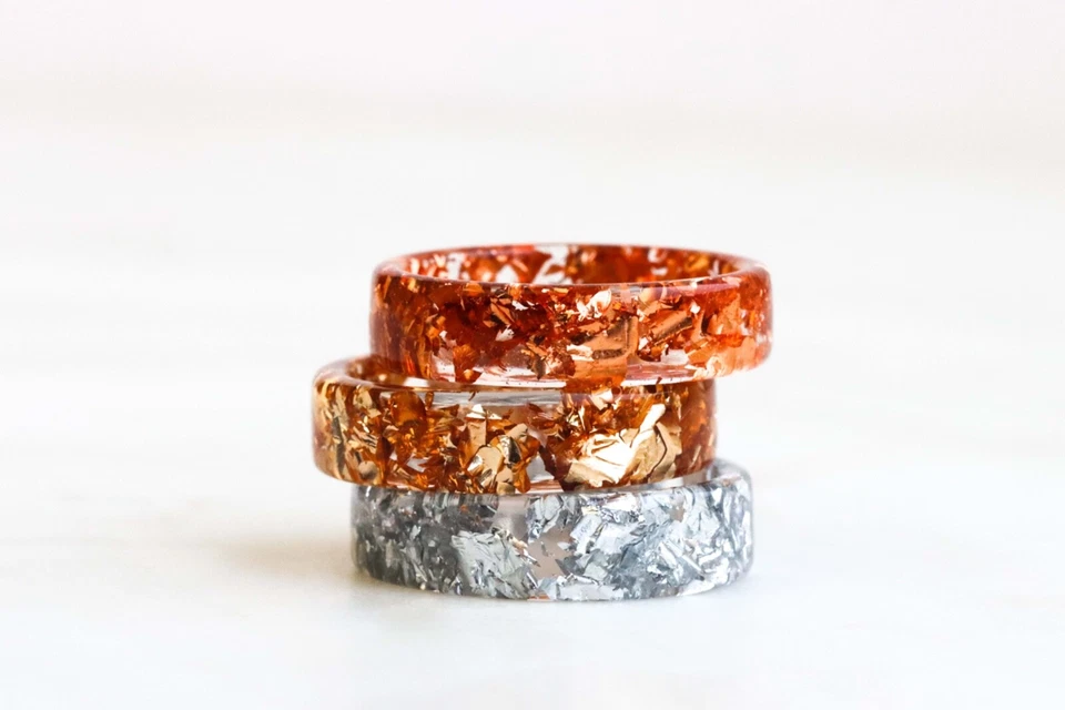 Juego de 3 Anillos de Resina con Copos de Oro, Cobre y Plata, Regalo Amistad Foto 2 de 4