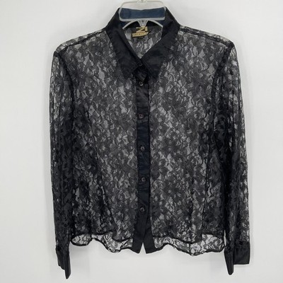 Rue 21 Women's Black Sheer Floral Lace Button Up Shirt Size XS-S
