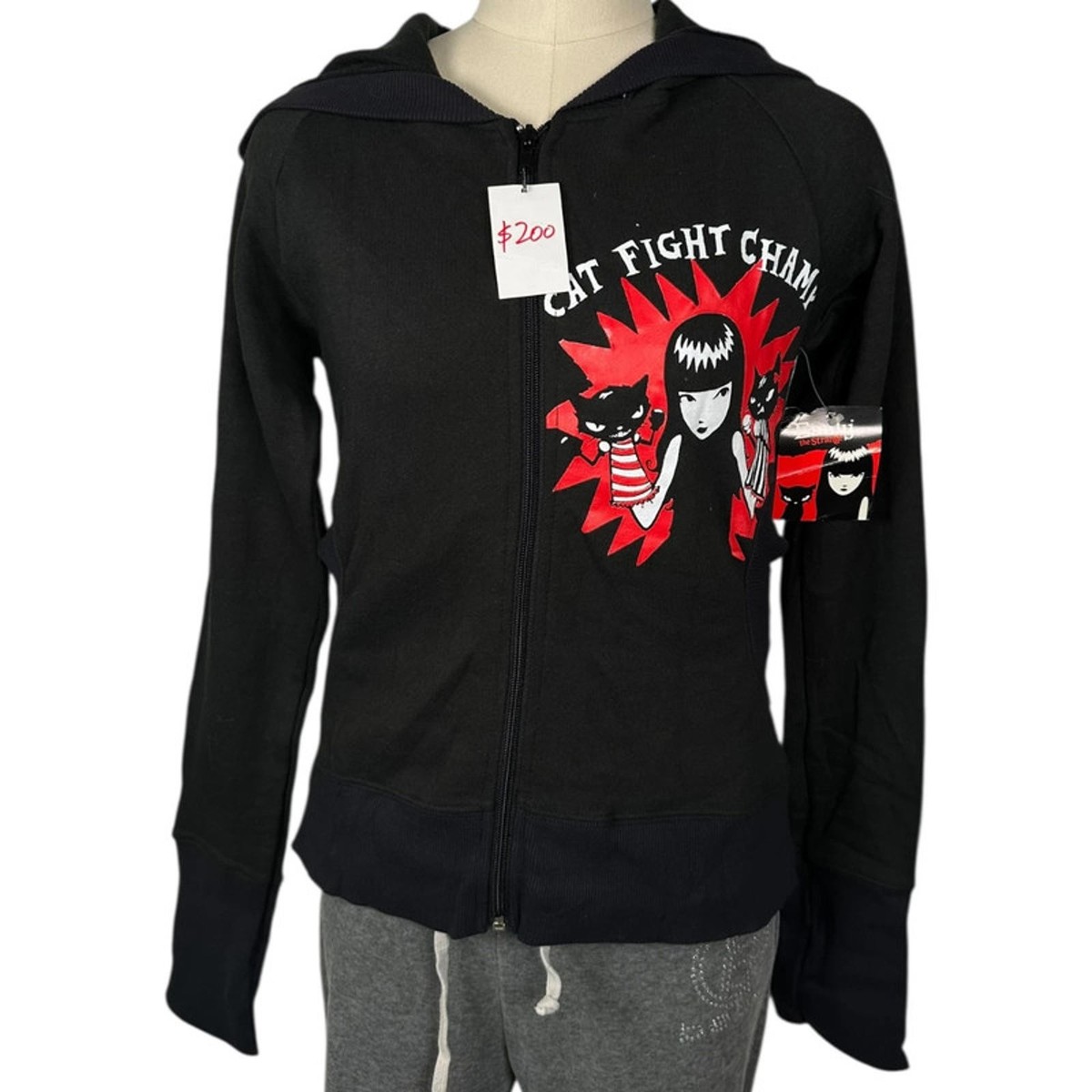 2000s gothic emo Emily the strange graphic print black zip up