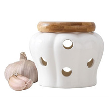 White Ventilated Garlic Container Ceramic Storage Keeper with Bamboo Lid