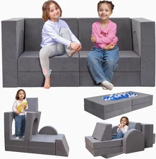 Modular Kids Play Couch 10PCS, Foam Kids Couch, Washable Cover, Grey