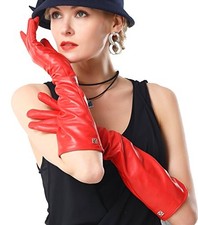 Women's Nappa Leather Gloves Lambskin Long Gloves Winter Warm Large Bright Red