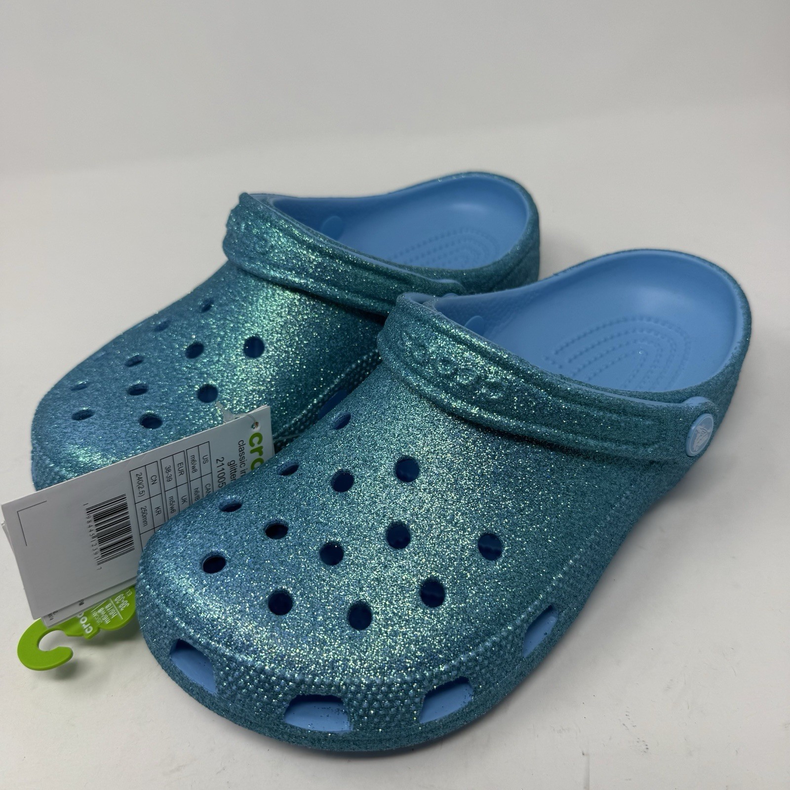 Crocs Clogs Womens 8 Blue Classic Iridescent Glitter Sparkle Slip On Shoes