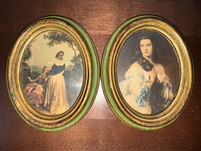 Vintage Pair Italian Art Print Oval Frame Action Lobeco Handcraft Italy Florence