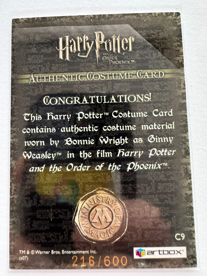 Harry Potter Bonnie Wright Ginny Weasley OOTP  Costume Card C9 216/600 - Image 2 of 4