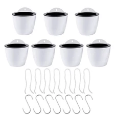 7Pack Wall Hanging Plastic Planters Round Self-Watering Plants Flowers Pot White