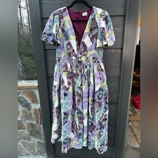 Aureum Women's Midi Dress Floral Print Flutter Sleeve Tie Waist Medium