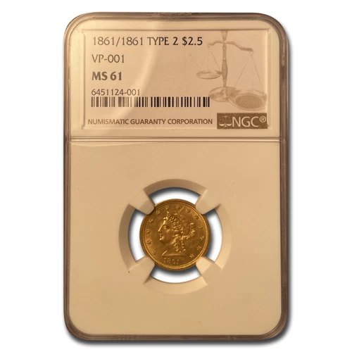 1861/1861 $2.50 Liberty Gold Quarter Eagle Type 2 MS-61 NGC