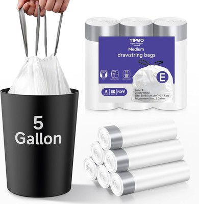 TIPGO 5 Gallon Trash Bags Drawstring, Pre-Cut Strong Wastebasket Bin Liners, Whi