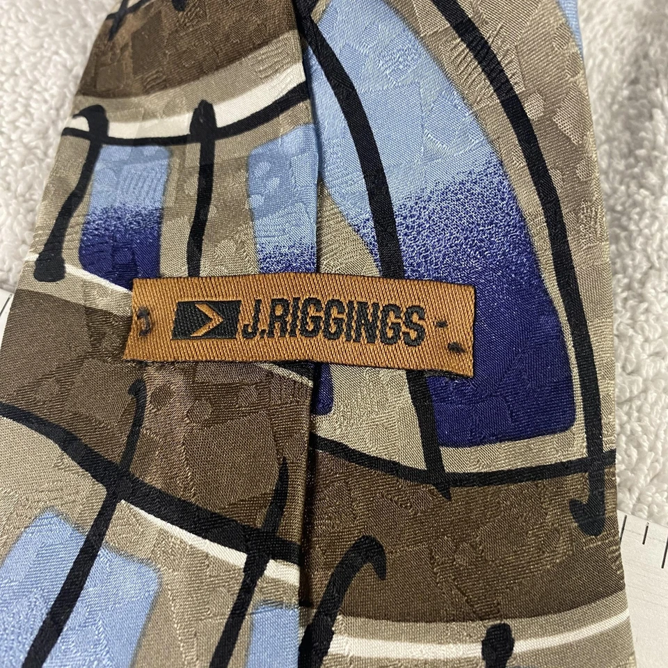 Corbata vintage J Riggins para hombre marrón azul abstracta 100 % seda hecha en EE. UU. años 90 Foto 4 de 4