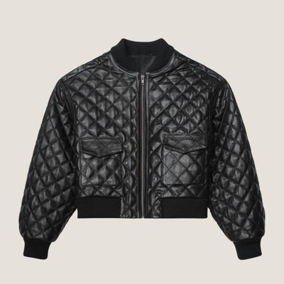 Black Quilted Leather Jacket Women 100% Genuine Lambskin Biker Bomber Jacket-269