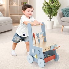 Costway 2 in 1 Toddler Wooden Baby Push Walker and Tool Toys with Bottom Storage
