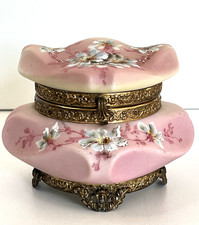 Antique Nakara C.F. Monroe Jewelry Dresser Box Floral Pink Satin Ormolu Base