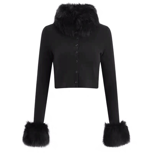 Damen Kunstfellkragen Cardigan Crop Pullover Mantel Langarm Jacke Slim Fit Sexy - Bild 4 von 10