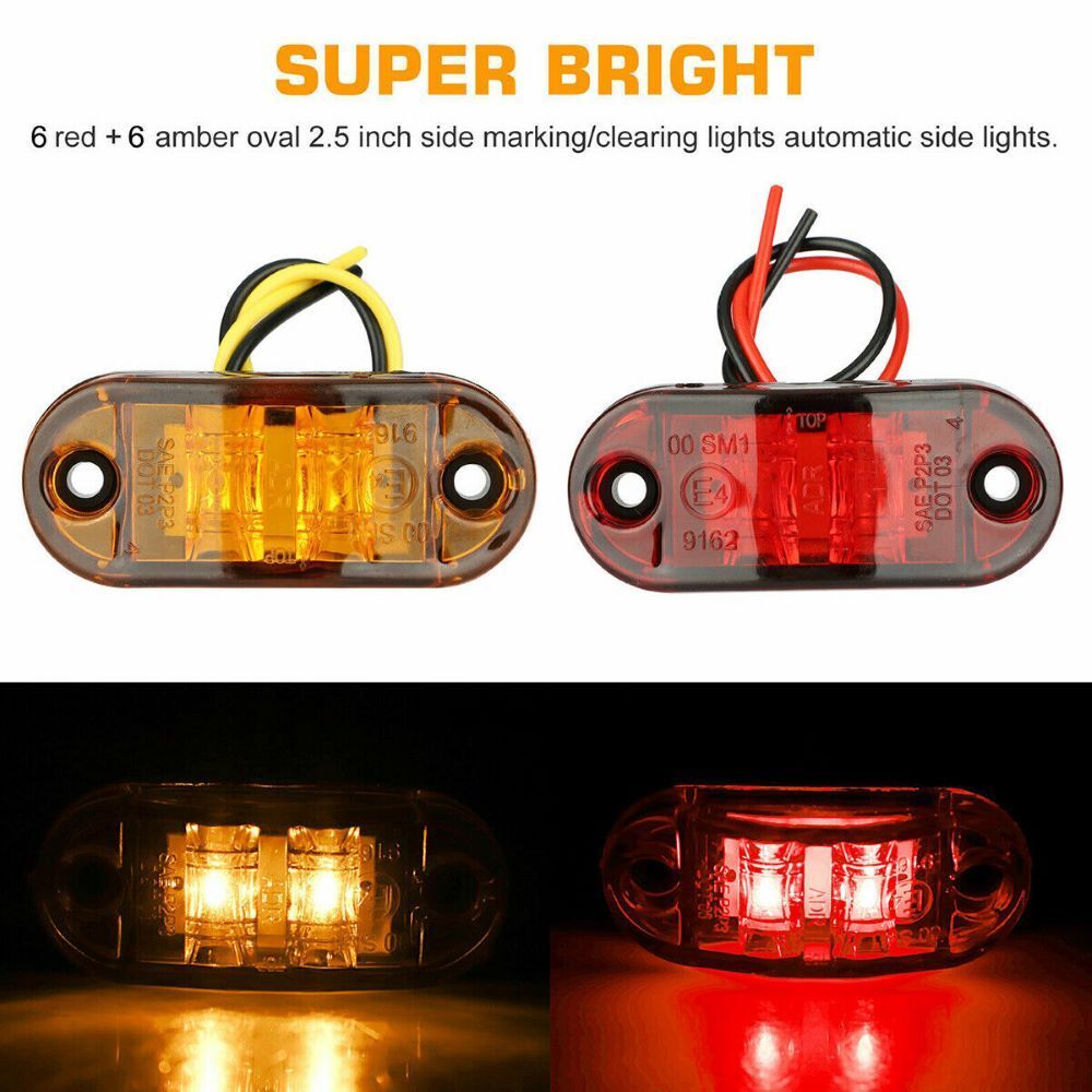 12PCS Marker Lights 2.5" LED Truck Trailer Oval Clearance Side Light Amber Red