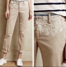 Pilcro And The Letterpress Anthro Embroidered Khaki Chino Hyphen Pants Sz 28 EUC