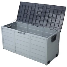 All Weather UV Pool Deck Box Storage Shed Bin Backyard Patio Outdoor w/ Wheel