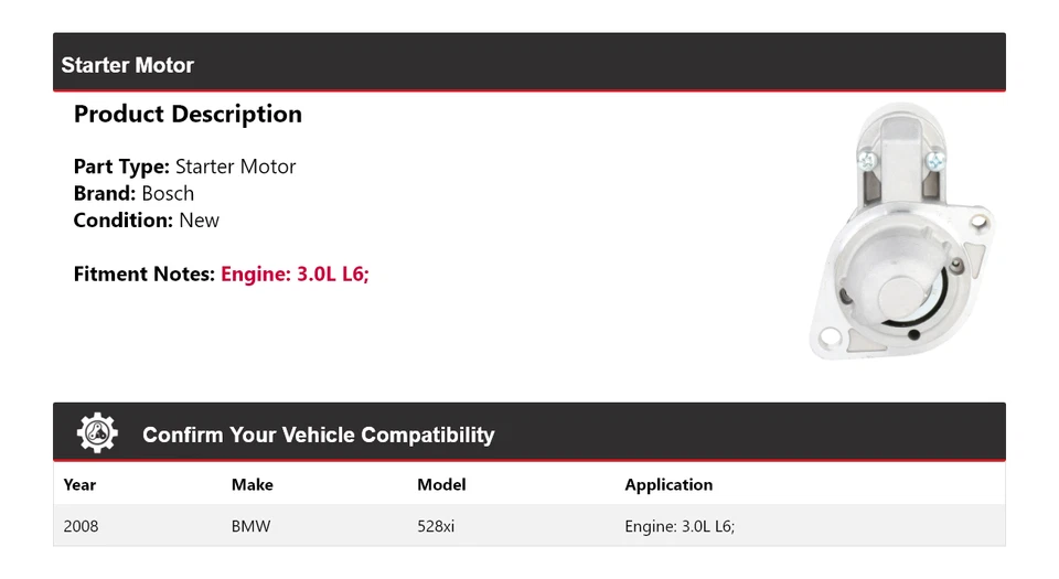 BMW 528xi 2008 3,0 L L6 arranque Bosch (nuevo) Foto 2 de 4