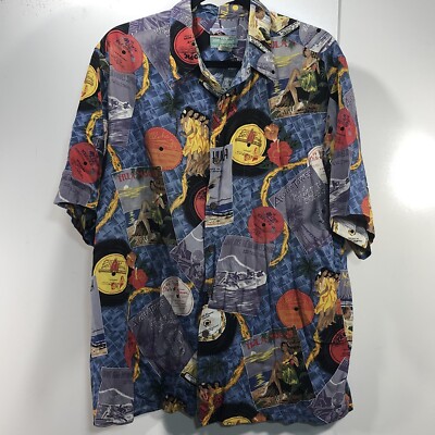 DAMAGE - Reyn Spooner Rayon Hawaiian Shirt Large Records Travel Poster Hula Girl