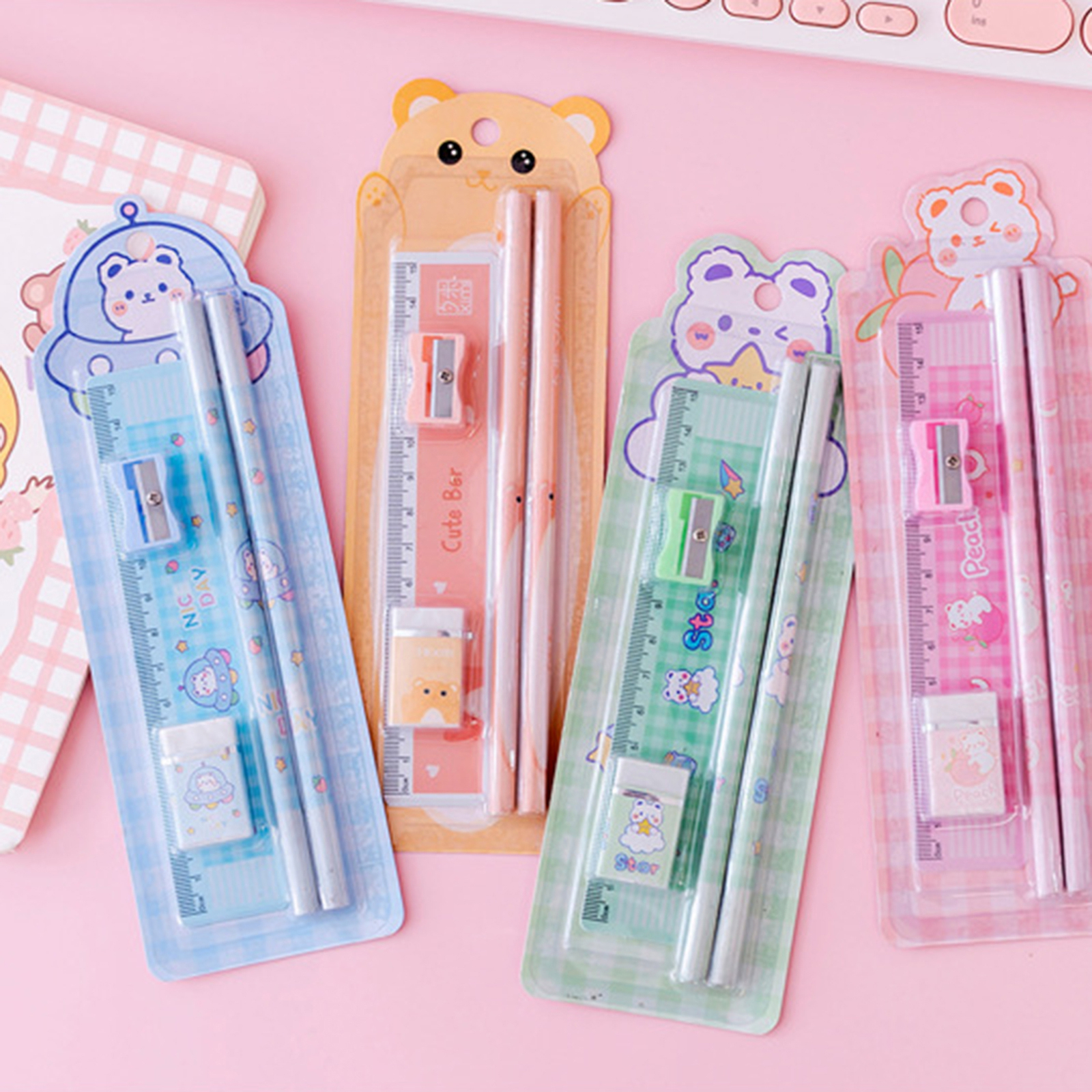 3 Set Pencil Ruler Set Bear/cat Study Cute Sharpener Eraser Ruler Set ...