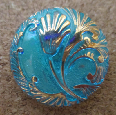 1-Czech Glass Gold Flower Design-UV Reactive Front Silver Back Button#75 25.96mm