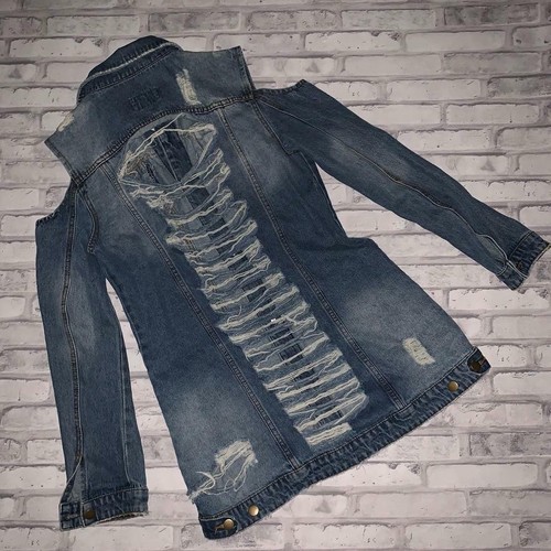 Riva Curve Distressed Jean Jacket Cold Shoulder Denim Size M - Picture 5 of 11