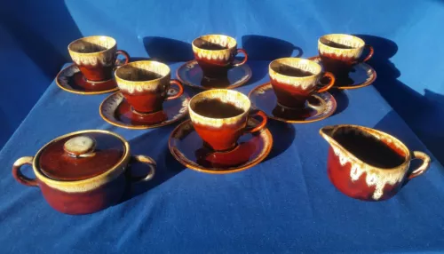 Vtg 6 Sets- Brown Drip Glaze Teacups and Saucers With Sugar Bowl & Creamer ☆EUC 