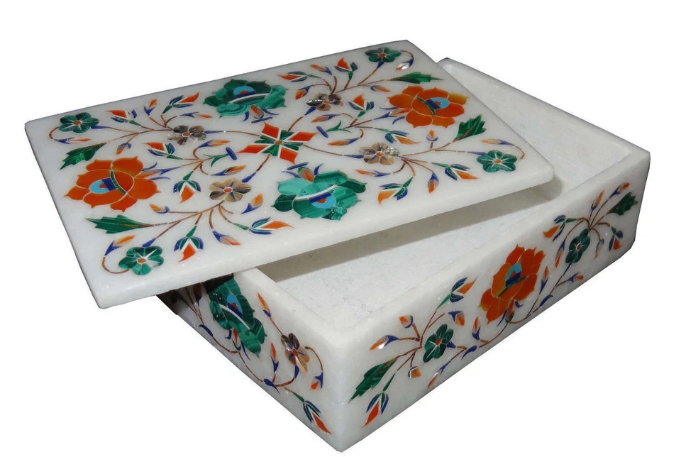 Marble Jewelry Box Semi Precious Stones Pietra Dura Handmade - Image 2 of 4