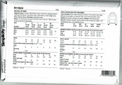 Simplicity #R11924 Men's Half-Zip Hoodie Pattern Sz: S-Xxl Chest