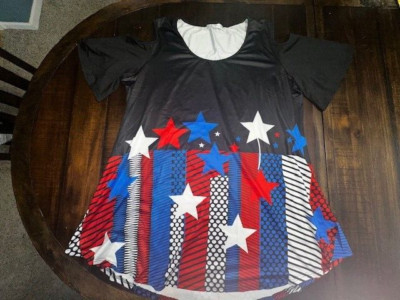 Rose Gal sz 5X (24) Cold Shoulder SS Black Tunic Top w/ Stars Stripes & Dots