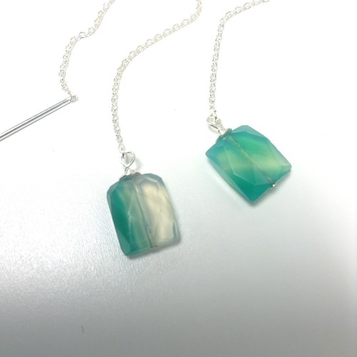 Green Quartz Oblong Stone Silver Threader Minimalist Dainty Stick Earrings - Picture 3 of 4