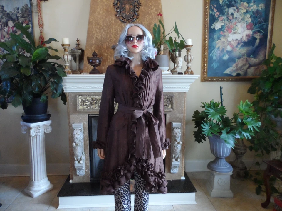 New Samuel Dong Chocolate Brown Rayon Ruffle Trench Coat Size M - Image 2 of 4