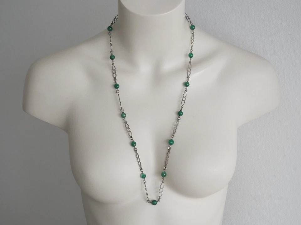 Vecchia Collana In Argento 800 Con Palline In Giada Verde? 23,5 G/76,5 CM - Immagine 2 di 4