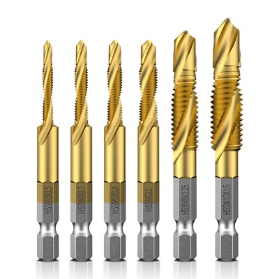 Tap Drill Bit Titanium Plated HSS 6PCS Hex Shank Screw Thread Screw Machine Taps