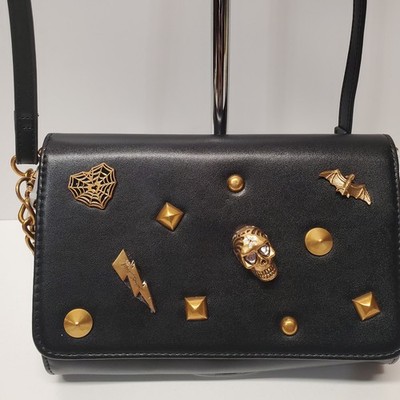 Betsey Johnson Women s  Halloween Theme Studded Skull Crossbody Bag Black/Gold