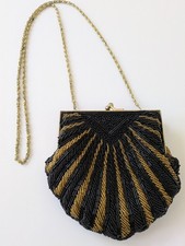 Vintage Black  Gold Beaded Clamshell Evening Purse With Gold Chain Strap Gatsby