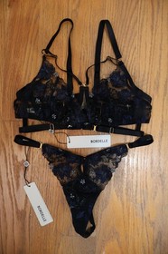 Bordelle Vita Wrap Wire Bra + Thong Black Blue underwire floral 24k M Medium NWT