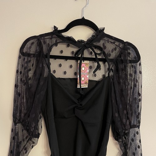 Boohoo Women 8 Black Polka Dot Mesh Puff Sleeve Ruffle Tie Neck Bodysuit NWT - 第 6/15 張圖片